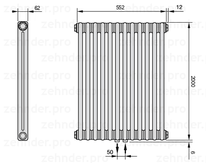 Схема (чертеж) Радиатор Zehnder Charleston 2200/12 №5410 Белый глянцевый RAL 9016